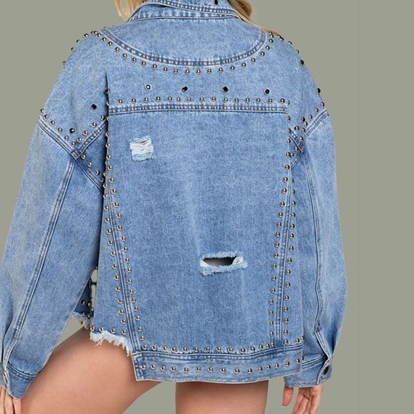 Beaded Pearls and Studs Oversized Distressed Denim Jean Jacket - Picture 5 of 13